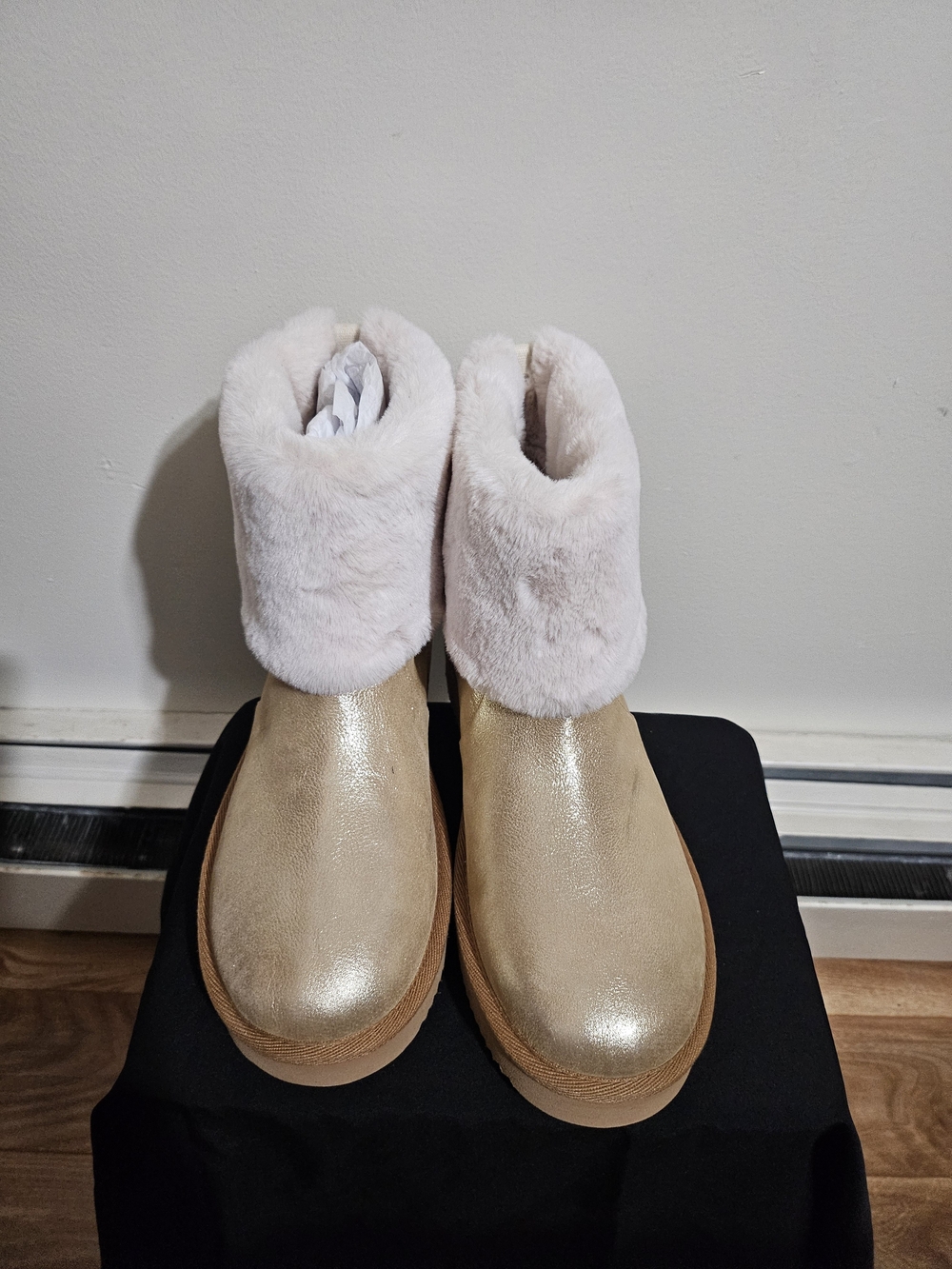 Michael Kors Women’s Metallic Gold Faux Fur Cuff Ankle Boots